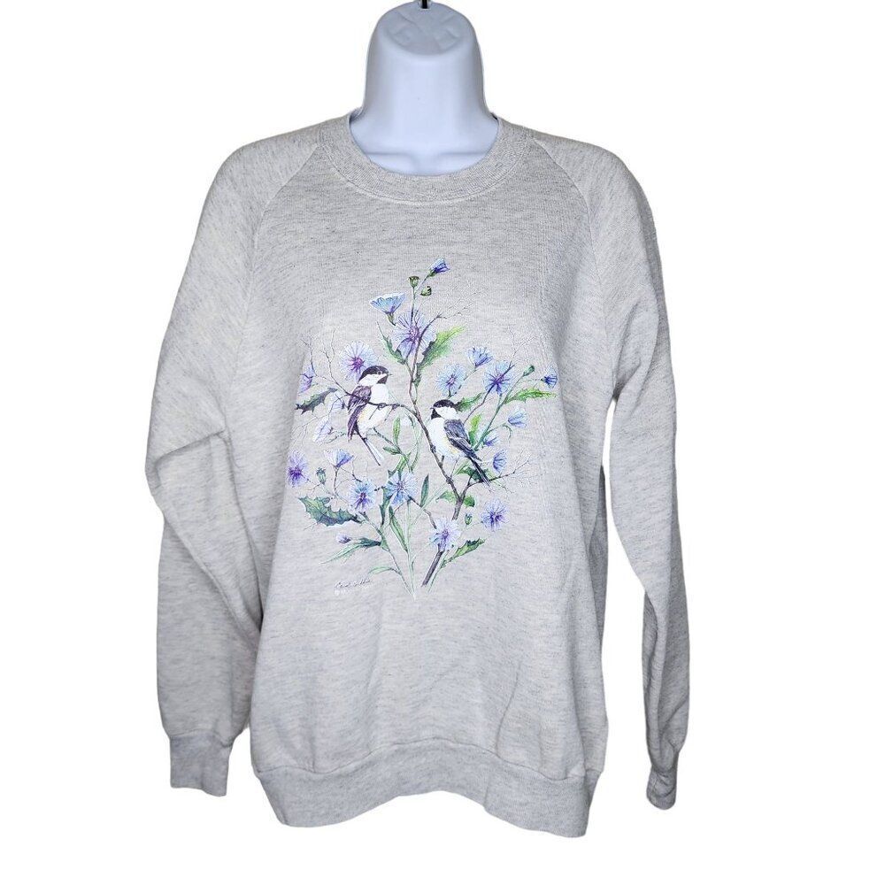 Vintage 80s Love Birds Sweatshirt Womens Size L Gray Granny Core Cottage